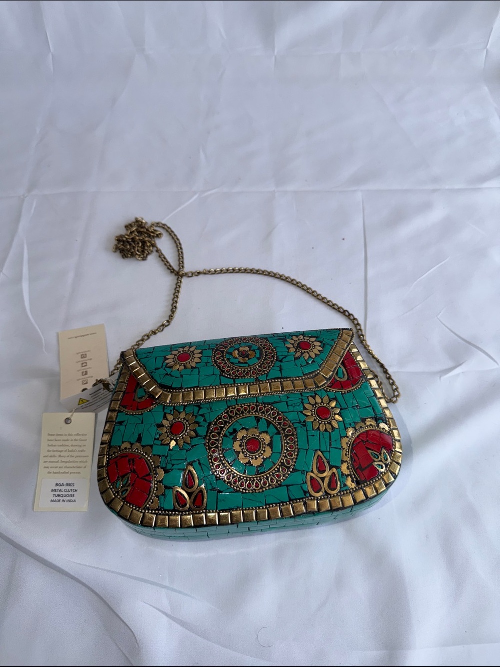 Antik Kraft Turquoise Red Mosaic Shoulder Bag with Gold Accents
